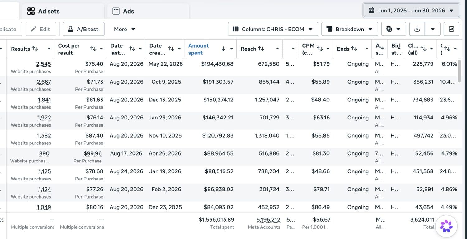 Meta Ads Manager result — high-spend ecommerce account 10