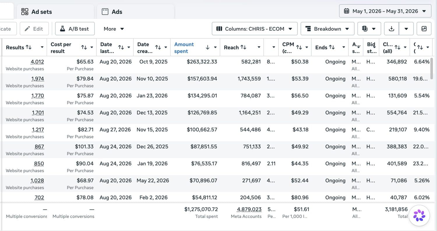 Meta Ads Manager result — high-spend ecommerce account 11